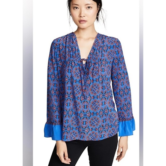 Kobi Halperin Blouse Top Medallion Print Long Sleeve Tie Neck Blue Size M Silk - Picture 1 of 8